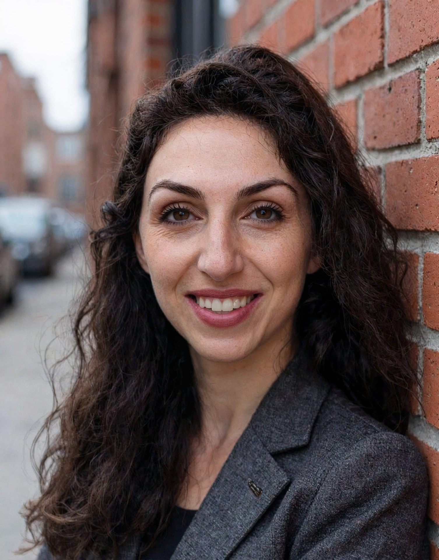 Marta Caetani, photographed against a brick wall on a city street
